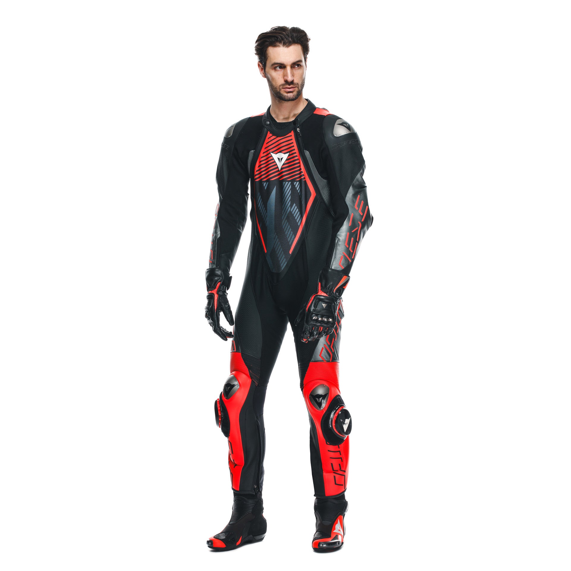Dainese Audax D-ZIP Einteiler Lederkombi – Perforierter Rennanzug | Herren | Schwarz/Rot