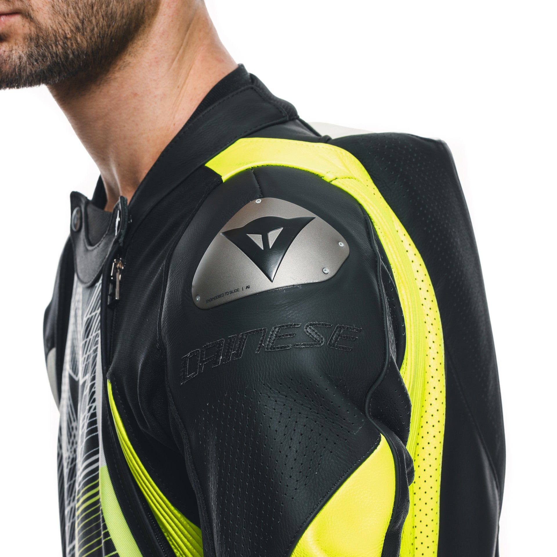 Dainese Audax D-ZIP Einteiler Lederkombi – Perforierter Rennanzug | Herren | Schwarz/Neon Gelb