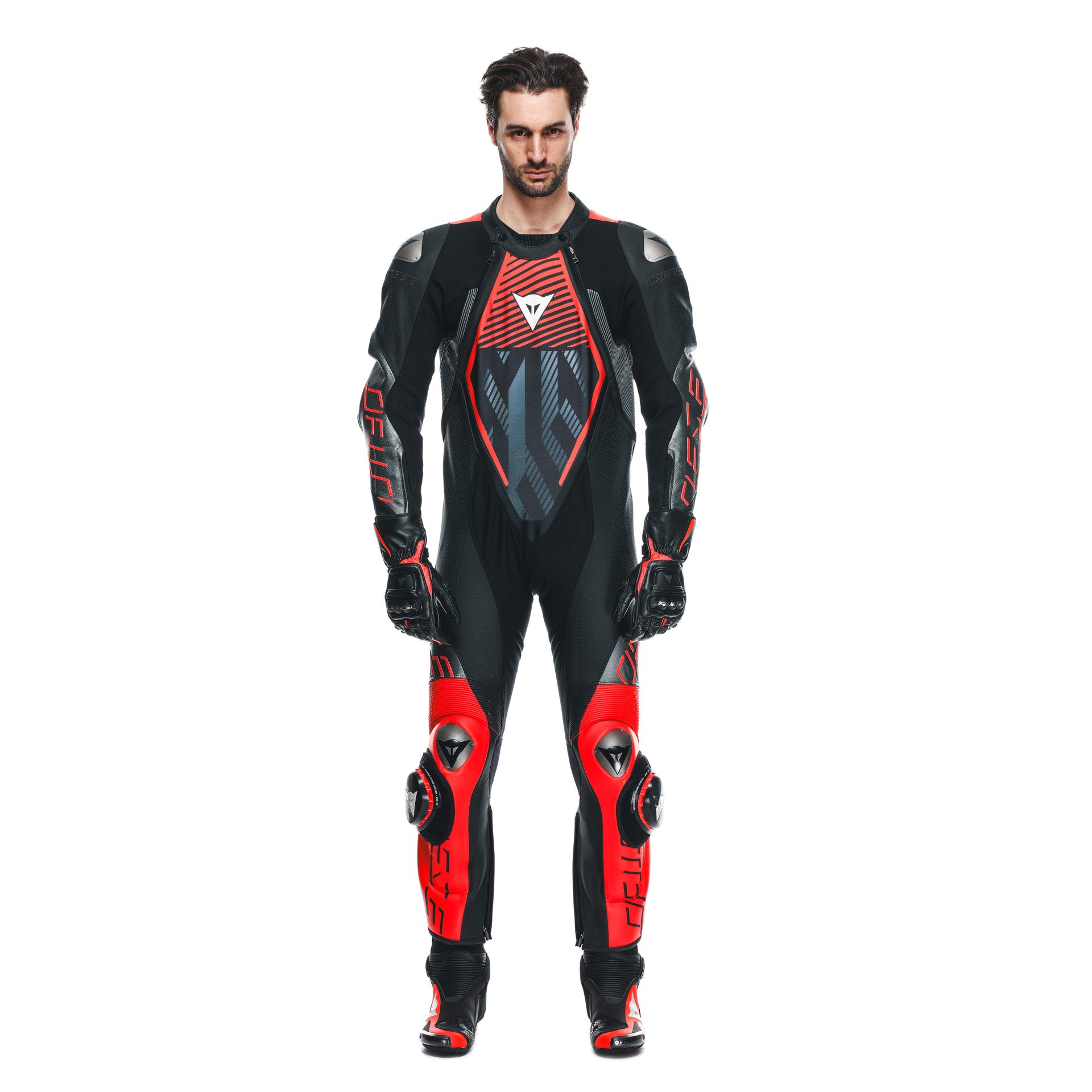 Dainese Audax D-ZIP Einteiler Lederkombi – Perforierter Rennanzug | Herren | Schwarz/Rot