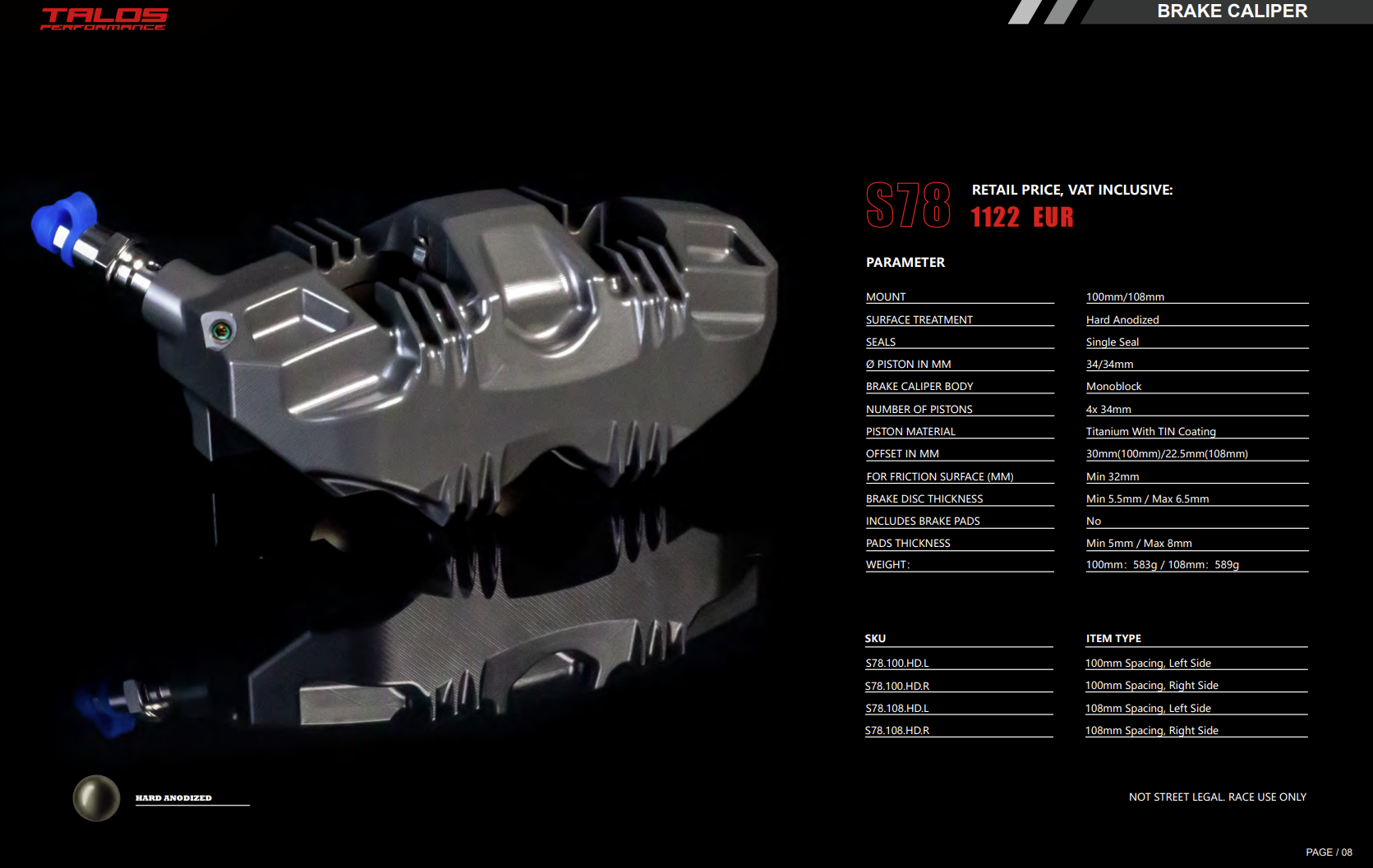 Talos S78 Monoblock P4 34/34 108mm Bremszange Vorne Rechts | X78.108.HD.R