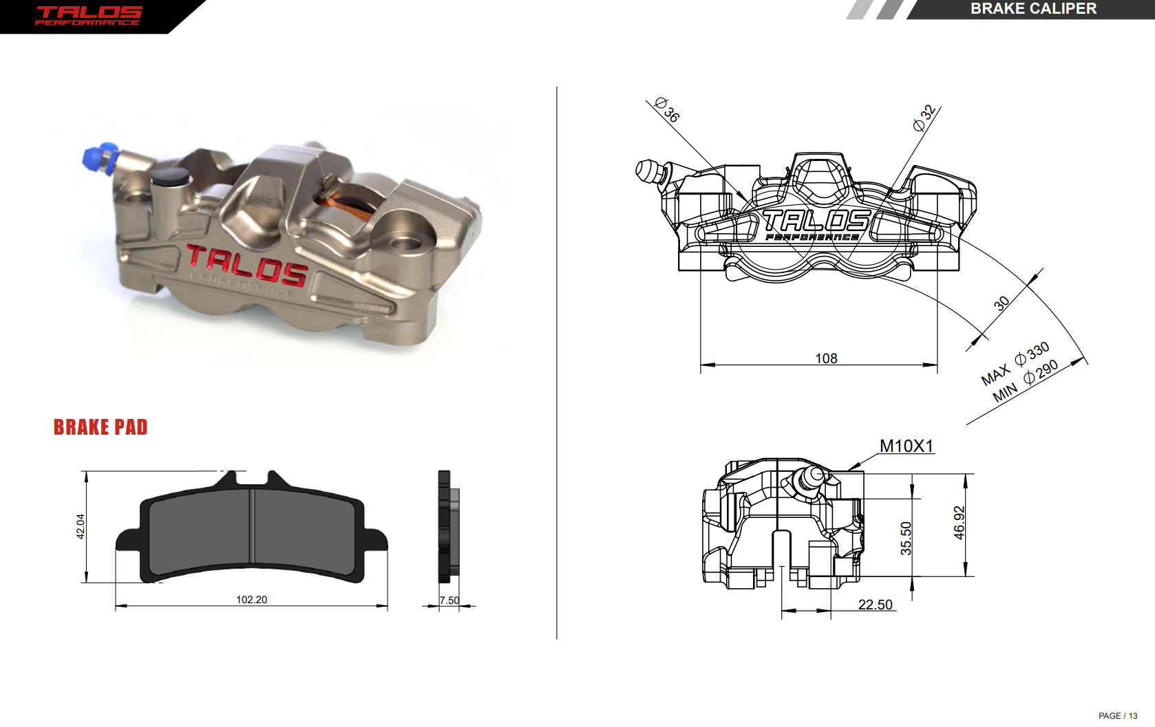 Talos X50 Two Piece P4 32/36 108mm Bremszange Vorne Links | X50.108.HD.L