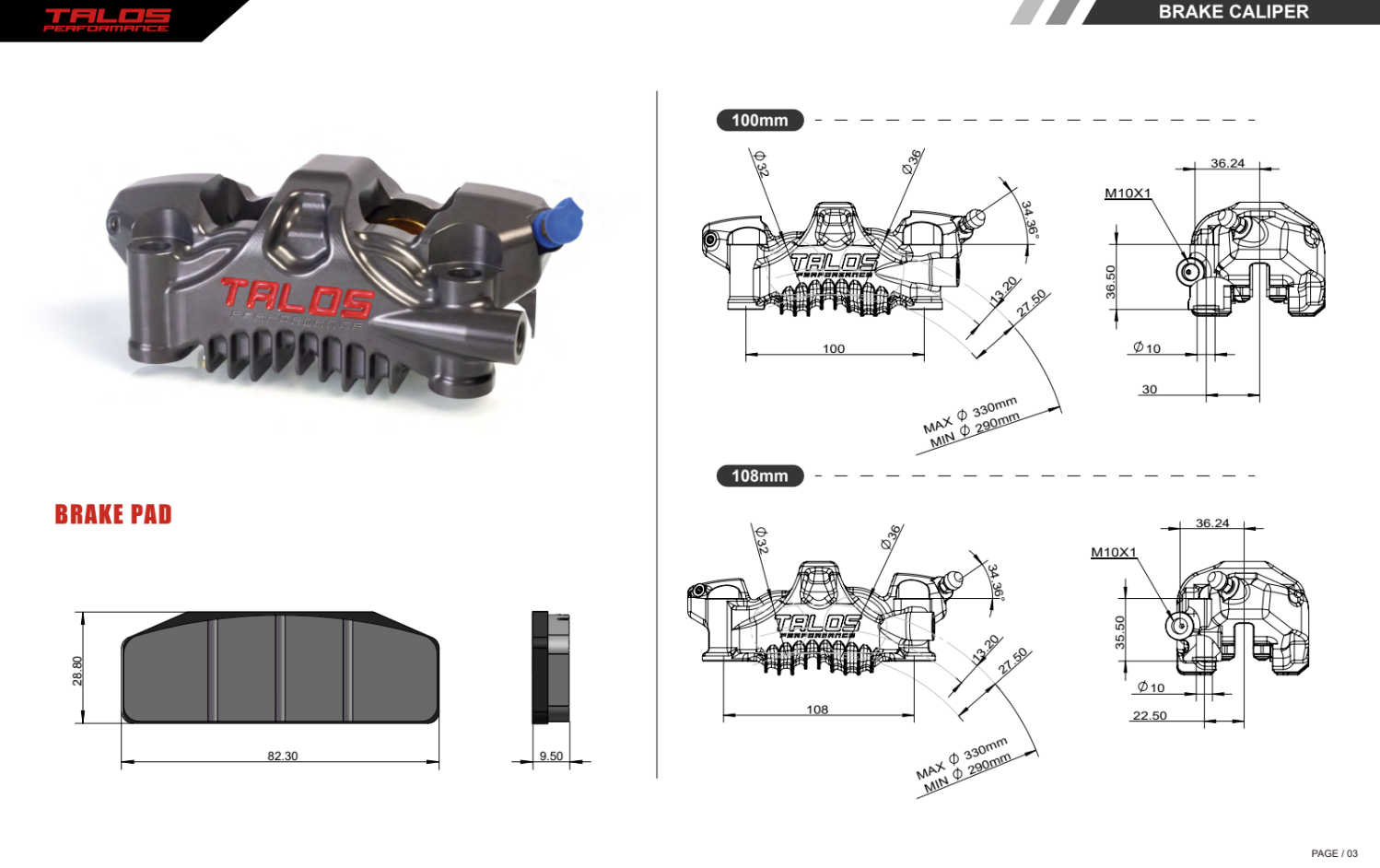 Talos X75 SBK Racing Monoblock P4 32/36 108mm Bremszange Vorne Links | X75.108.HD.L