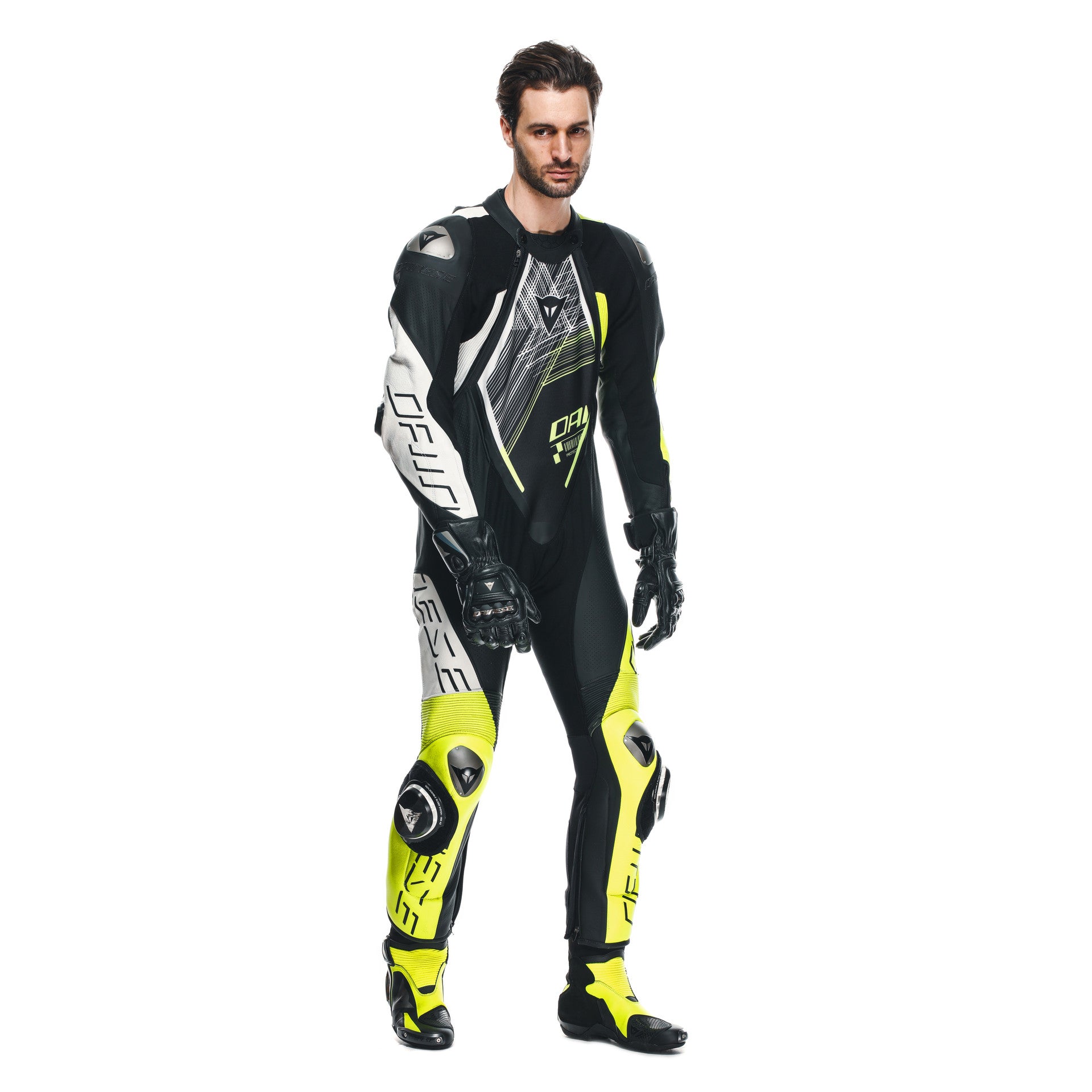 Dainese Audax D-ZIP Einteiler Lederkombi – Perforierter Rennanzug | Herren | Schwarz/Neon Gelb