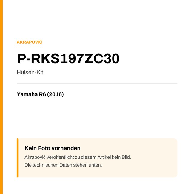 Akrapovic Hülsen-Kit Yamaha R6 (16-16) P-RKS197ZC30 — Platzhalter, kein Herstellerfoto verfügbar
