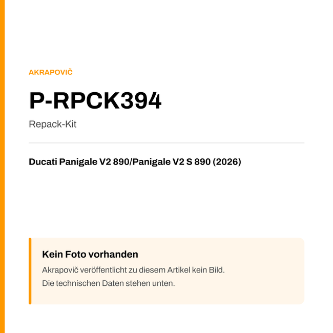 Akrapovic Repack-Kit Ducati Panigale V2 890 / Panigale V2 S 890 (26-26) P-RPCK394 — Platzhalter, kein Herstellerfoto verfügbar