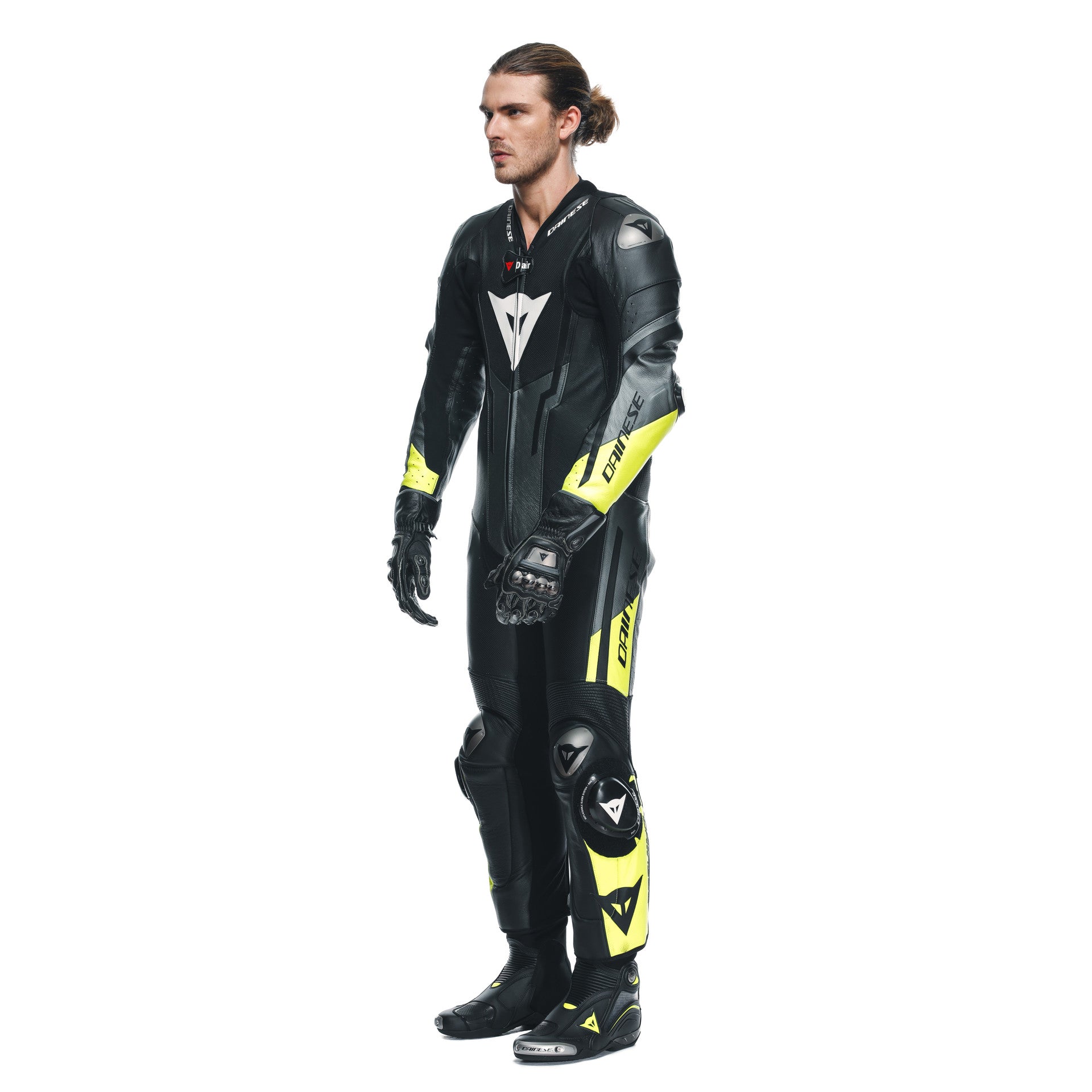 Dainese Misano 3 D-AIR® Einteiler Lederkombi – Perforierter Airbag Rennanzug | Herren | Schwarz/Neon Gelb
