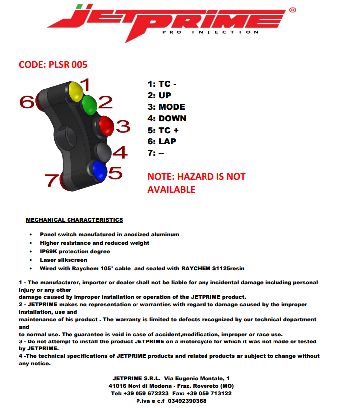 Lenkerschalter Race links JetPrime Ducati Panigale 1199/R/S (12-17) JP PLSR 005