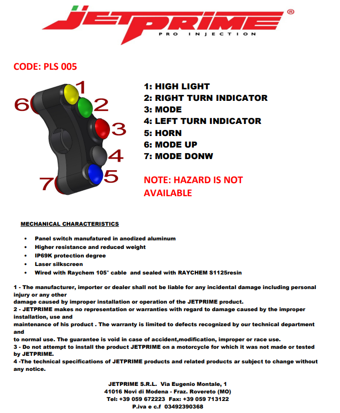 Lenkerschalter Street links JetPrime Ducati Panigale 1199/R/S (12-17) JP PLS 005