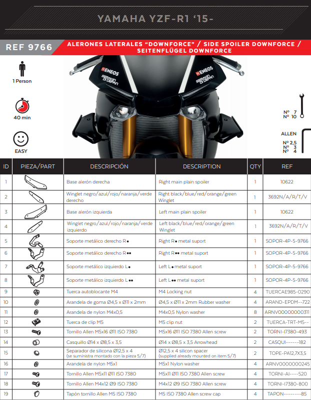 Puig Winglets Spoiler Downforce Yamaha YZF-R1/M RN32 RN49 (15-19) 9766