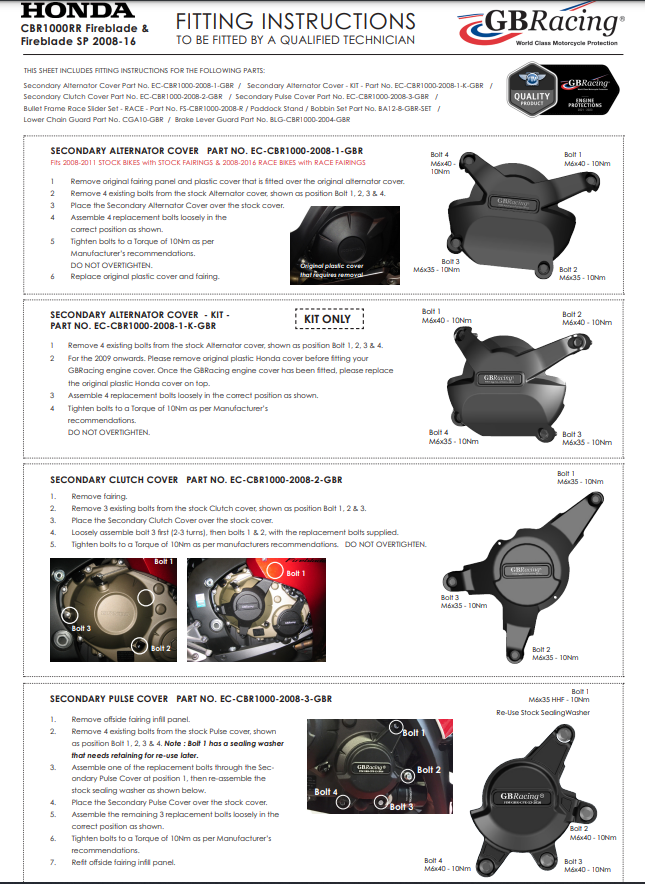 Motordeckel Protektoren Komplettset GBRacing Honda CBR 1000 RR (12-16)