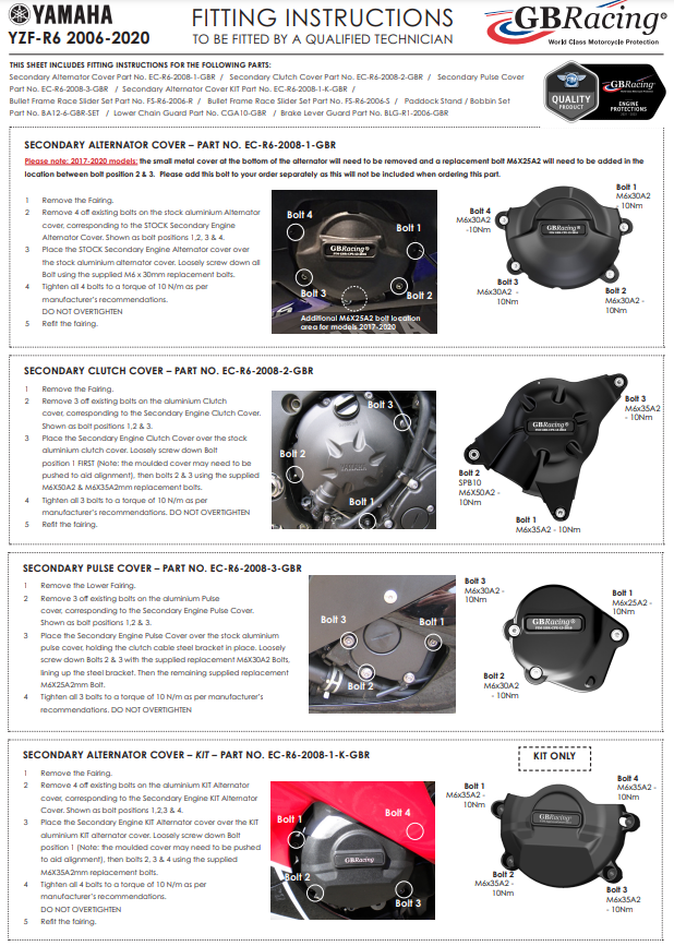Motordeckel Protektoren Komplettset GBRacing Yamaha YZF-R6 (06-25)